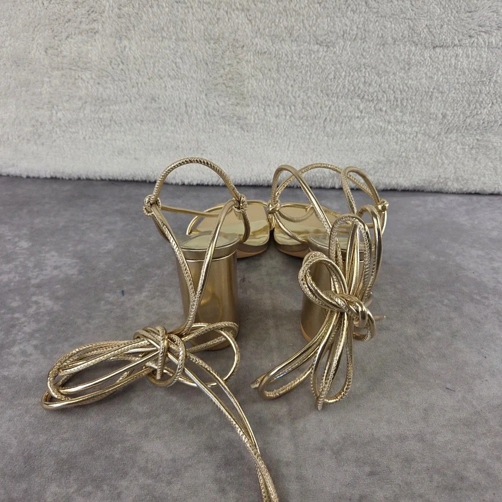 Gold Metallic Lace Up Block Heel Sandals Square Toe Strappy Ankle Tie GSS611